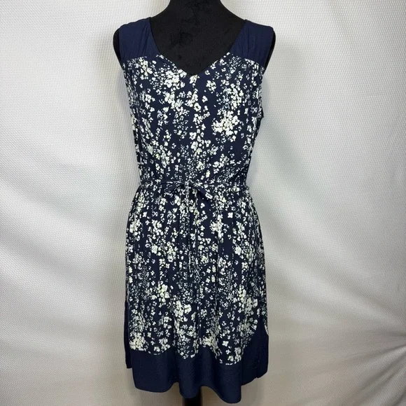 Ann Taylor Loft Floral Navy Dress Belted Sleeveless Small V-Neck - Picture 1 of 13